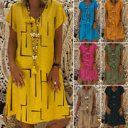 👗【S-5XL】Potištěné bavlněné šaty s výstřihem do V