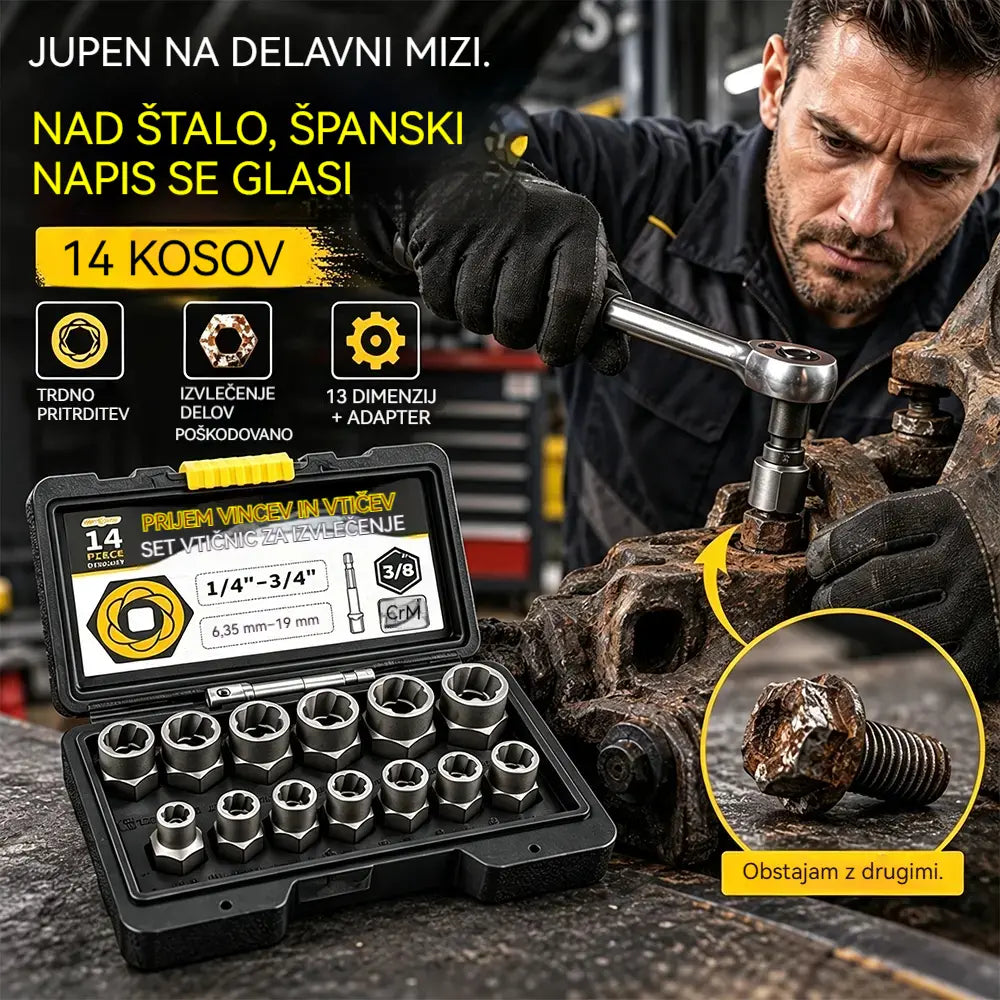 🔧 14-delni komplet nastavkov za odstranjevanje poškodovanih matic in vijakov | Nastavki s protizdrsno zasnovo za zarjavele, poškodovane ali obrabljene pritrdilne elemente