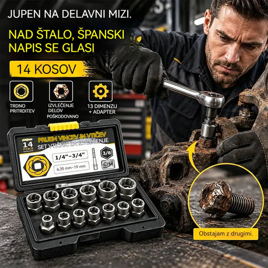 🔧 14-delni komplet nastavkov za odstranjevanje poškodovanih matic in vijakov | Nastavki s protizdrsno zasnovo za zarjavele, poškodovane ali obrabljene pritrdilne elemente