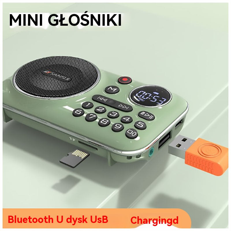 Radio Bluetooth F21, można włożyć płytę U, przenośny odtwarzacz muzyczny, można włożyć słuchawki, słuchać radia