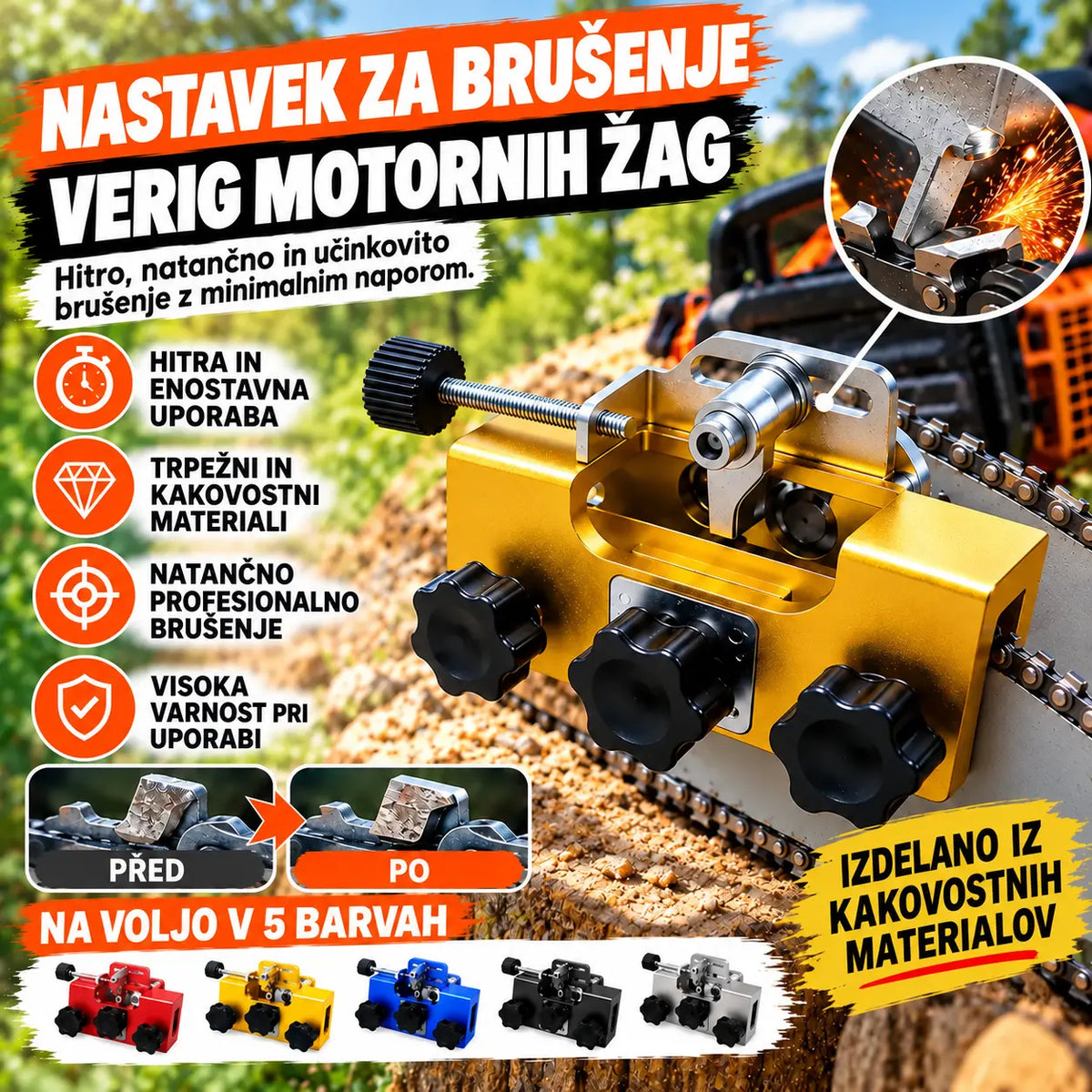 ⚙️ Ročni brusilnik za motorne žage »2 v 1«