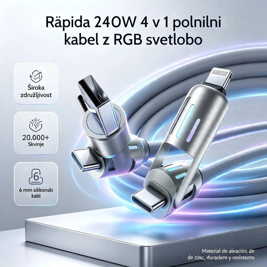 🔥 【2 kosa za 22 evrov】 🔥 (dolžina 2 metra) 4-v-1 kabel PD 240 W – hitro polnjenje USB‑C, Lightning in USB‑A, aluminij in silikon, sinhronizacija podatkov ⚡📱
