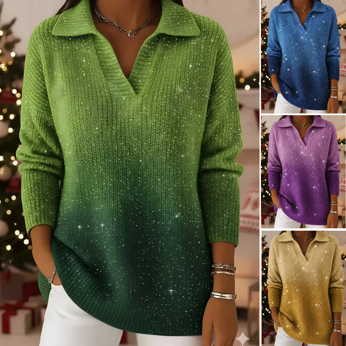 🔥【S-5XL】Pletený svetr s límcem a gradientním vzorem Dreamy Starly Sky